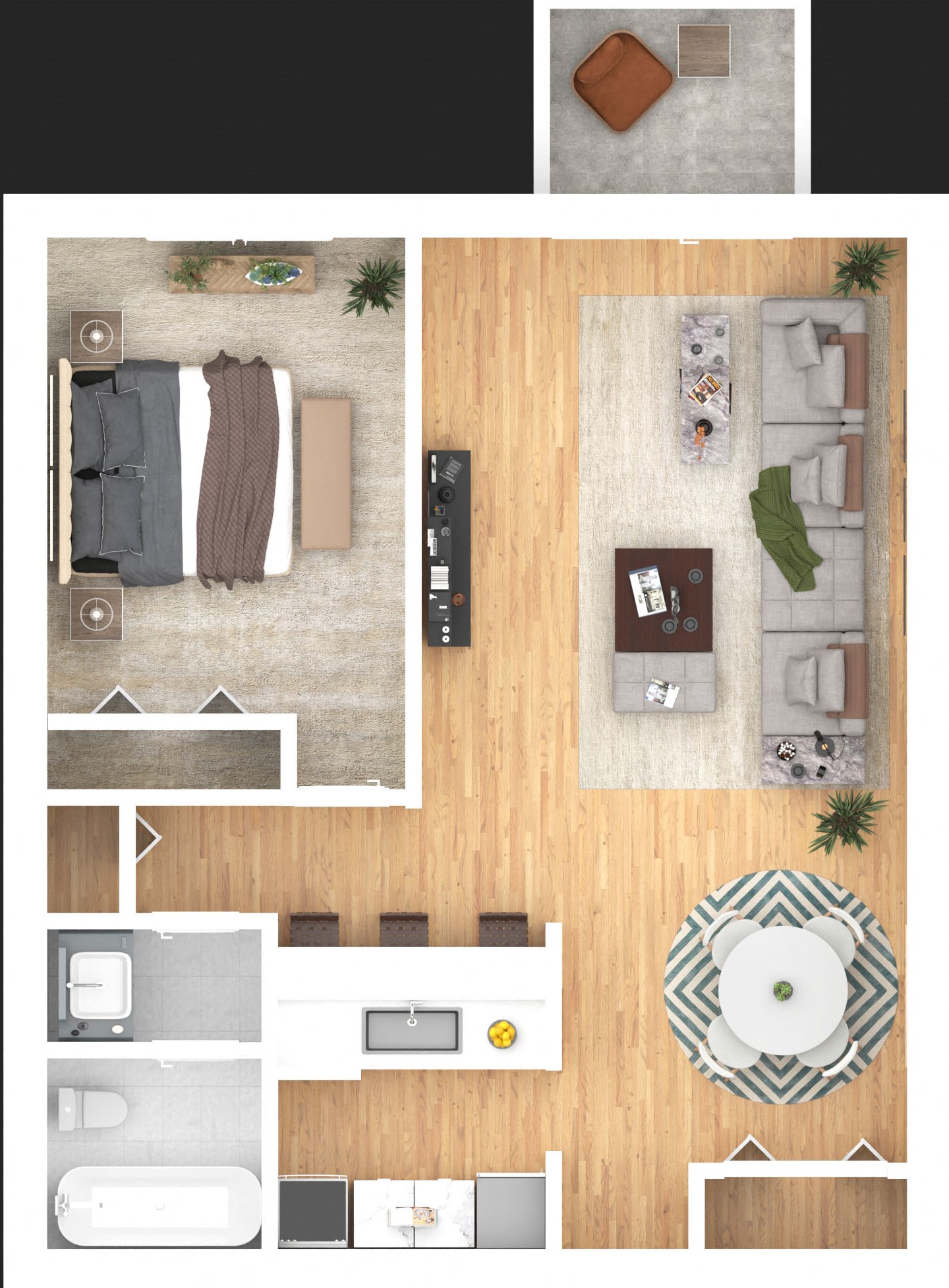 Floor plan for 1 bed, 1 bath, 685 sqft